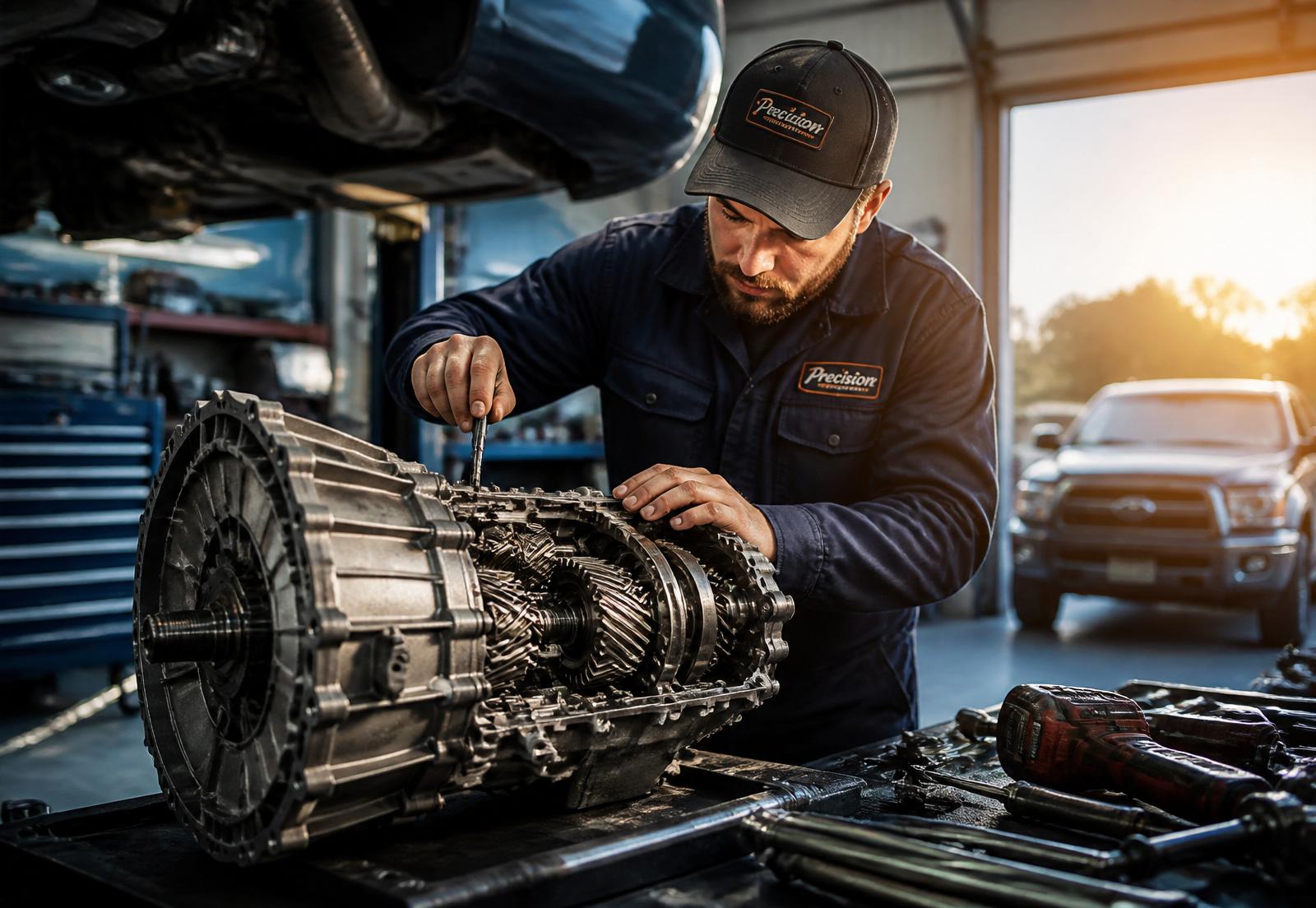Mechanic servicing a transmission at Richard's Garage in Akron, Ohio